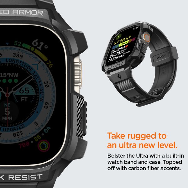 Spigen Apple Watch Ultra -suojakuori ja -ranneke, Rugged Armor Pro, musta