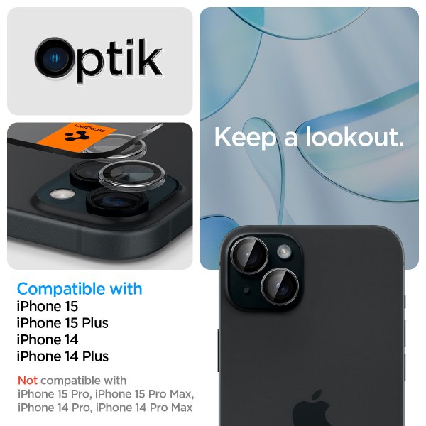 Spigen iPhone 14/15/14 Plus/15 Plus Kameran suojalasi GLAS.tR EZ Fit Optik Pro Crystal Clear 2-pakkaus