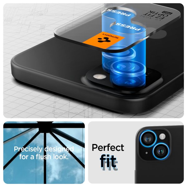 Spigen iPhone 14/15/14 Plus/15 Plus Kameran suojalasi GLAS.tR EZ Fit Optik Pro Crystal Clear 2-pakkaus