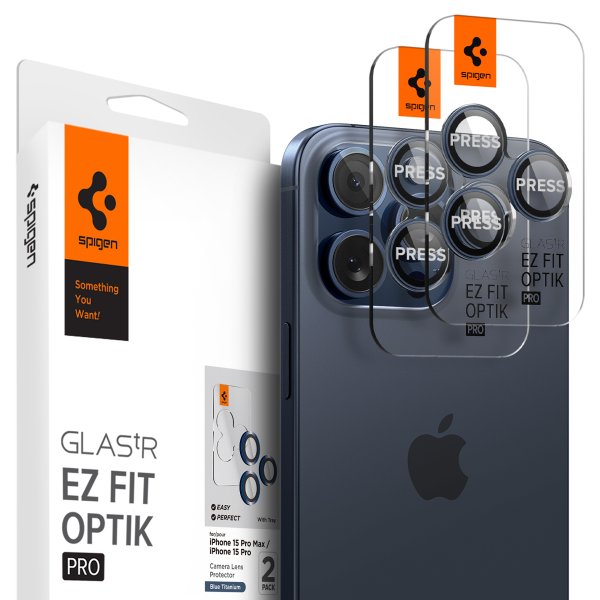 Spigen iPhone 15 Pro/iPhone 15 Pro Max kameransuoja GLAS.tR EZ Fit Optik Pro 2-pakkaus Blue Titanium