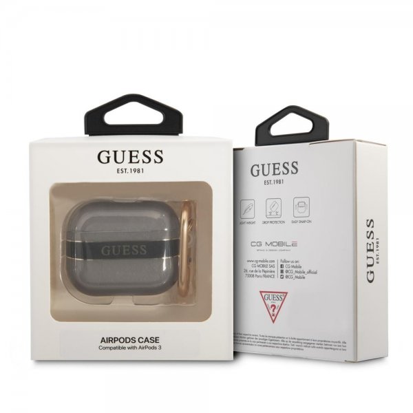 Guess AirPods 3 -kuoret Printed Stripe & Gold Hook, musta