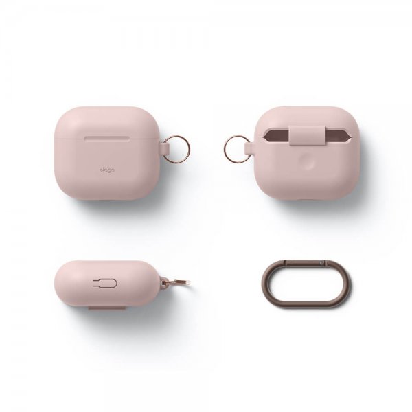 Elago AirPods 3 -silikonisuojakuori, jossa ripustuskoukku, Sand Pink