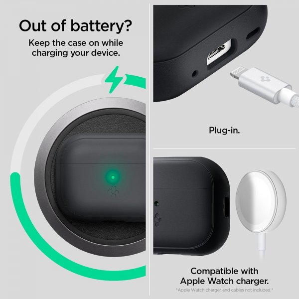 Spigen AirPods Pro 2 -kuoret, Silicone Fit + Strap, musta