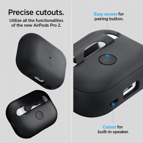Spigen AirPods Pro 2 -kuoret, Silicone Fit + Strap, musta