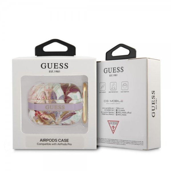 Guess AirPods Pro -kuoret kukkakuviolla ja kultaisella koukulla, violetti