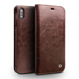 Qialino iPhone Xs Max -kotelo, aitoa nahkaa, korttipaikka, ruskea