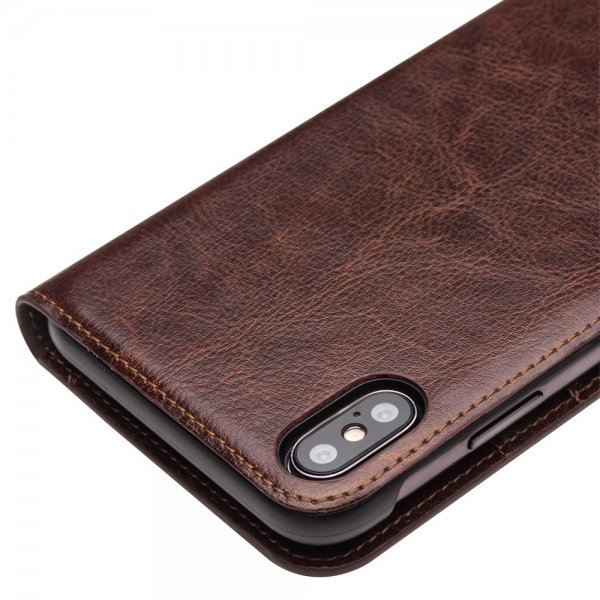 Qialino iPhone Xs Max -kotelo, aitoa nahkaa, korttipaikka, ruskea