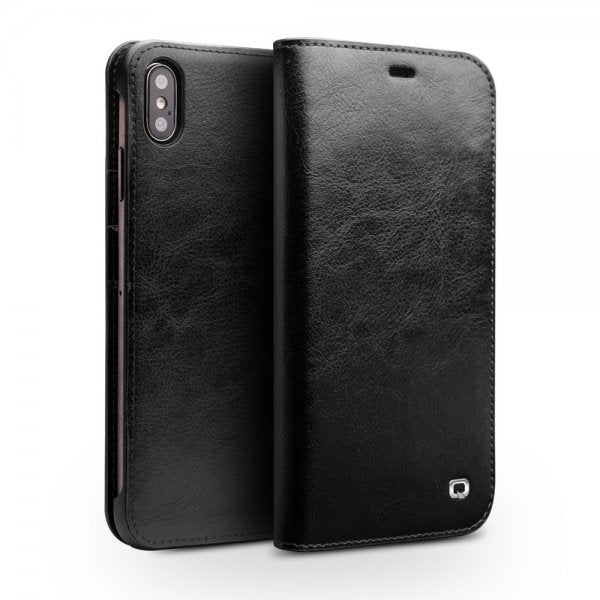 Qialino iPhone Xs Max -kotelo, aitoa nahkaa, korttipaikat, musta