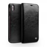 Qialino iPhone Xs Max -kotelo, aitoa nahkaa, korttipaikat, musta