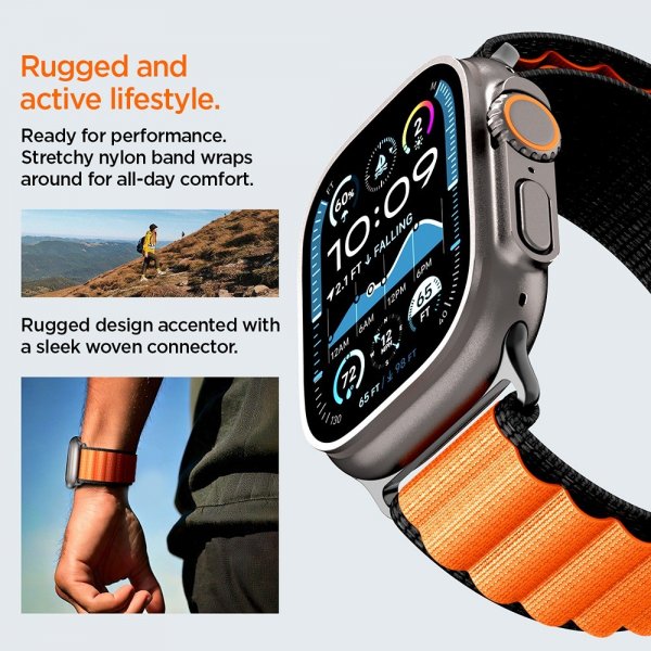 Spigen Apple Watch 44/45/46mm/Ultra 49mm ranneke WBF1 musta oranssi