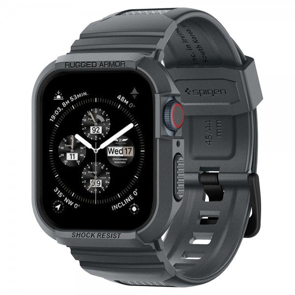 Spigen Apple Watch 44/45 mm ranneke ja suojakuori Rugged Armor Pro, tummanharmaa