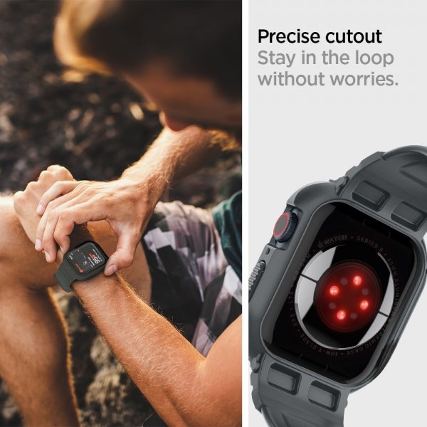 Spigen Apple Watch 44/45 mm ranneke ja suojakuori Rugged Armor Pro, tummanharmaa