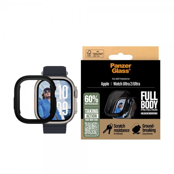 PanzerGlass Apple Watch Ultra 49mm -kuori ja näytönsuoja, koko vartalon suojaus, musta