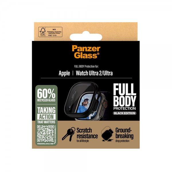 PanzerGlass Apple Watch Ultra 49mm -kuori ja näytönsuoja, koko vartalon suojaus, musta