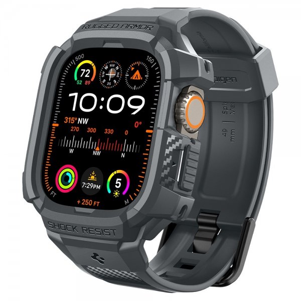 Spigen Apple Watch Ultra 49mm ranneke ja suojakotelo Rugged Armor Pro Dark Gray