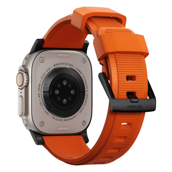 Nomad Apple Watch 44/45/46mm/Apple Watch Ultra -ranneke Rugged Band Black Hardware Ultra Orange