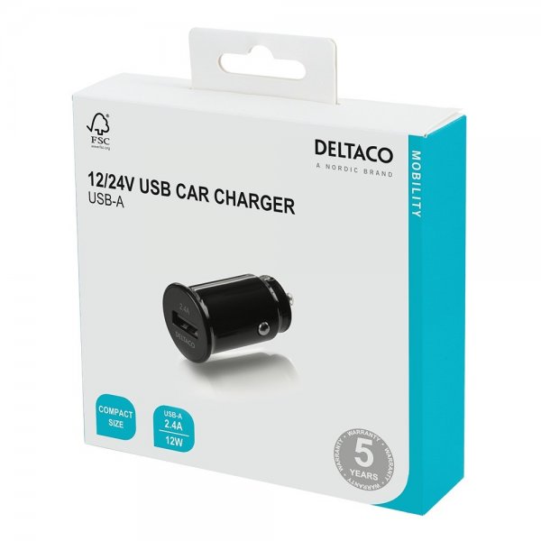 Deltaco Autolaturi 12/24V USB-A autolaturi