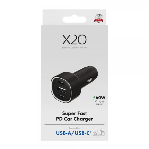 X2O Autolaturi 60W Kolmois-USB-C/USB-A GaN Musta