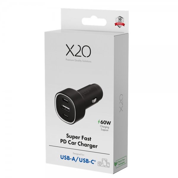 X2O Autolaturi 60W Kolmois-USB-C/USB-A GaN Musta