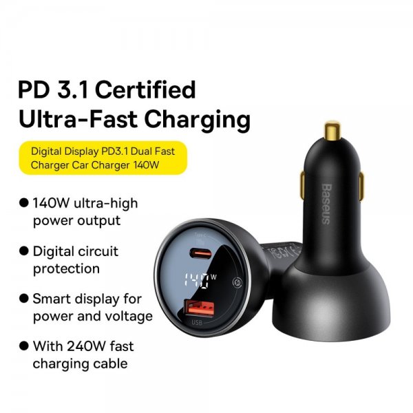 Baseus Autolaturi Digitaalinäyttö PD3.1 Dual Cast Pikalaturi 140W
