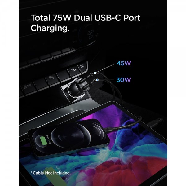 Spigen autolaturi PowerArc ArcStation Dual Port 75W musta