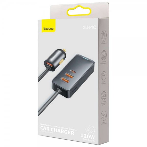 Baseus Autolaturi Share Together 120W 3 USB-A & 1 USB-C Musta