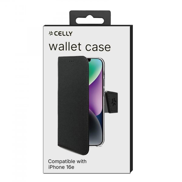 Celly iPhone 16e/17e -suojakotelo, Wally Wallet Case, musta
