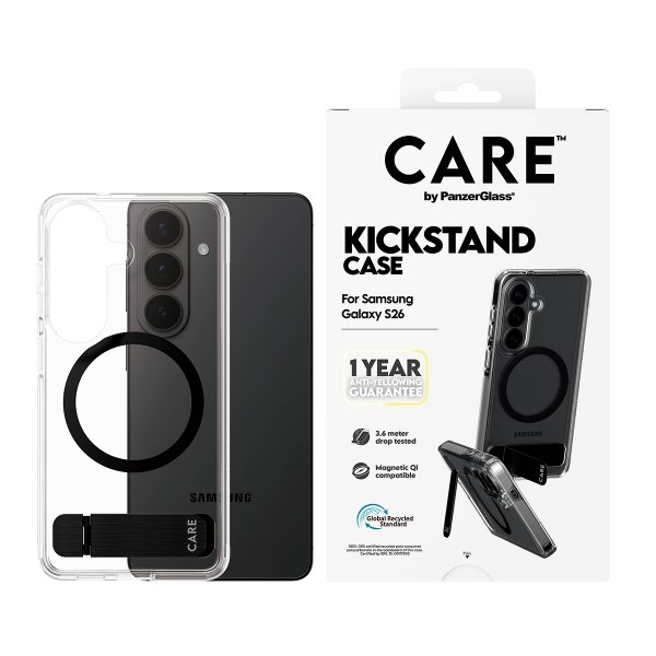 CARE by PanzerGlass Samsung Galaxy S26 -suojakuori jalustalla ja MagSafe-tuella, läpinäkyvä