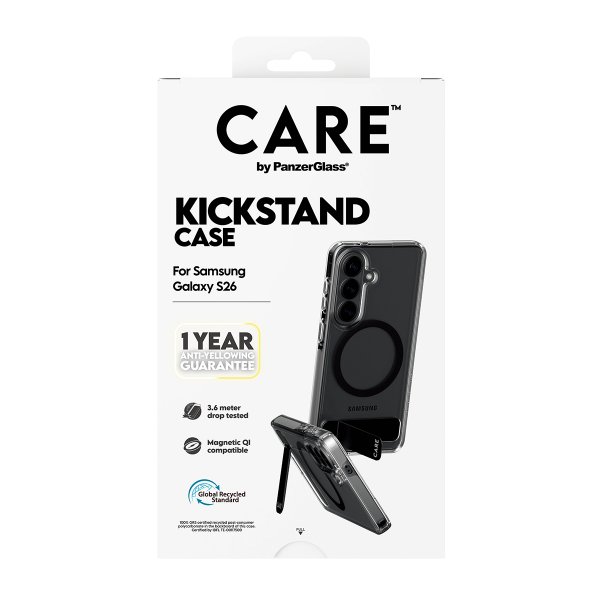 CARE by PanzerGlass Samsung Galaxy S26 -suojakuori jalustalla ja MagSafe-tuella, läpinäkyvä