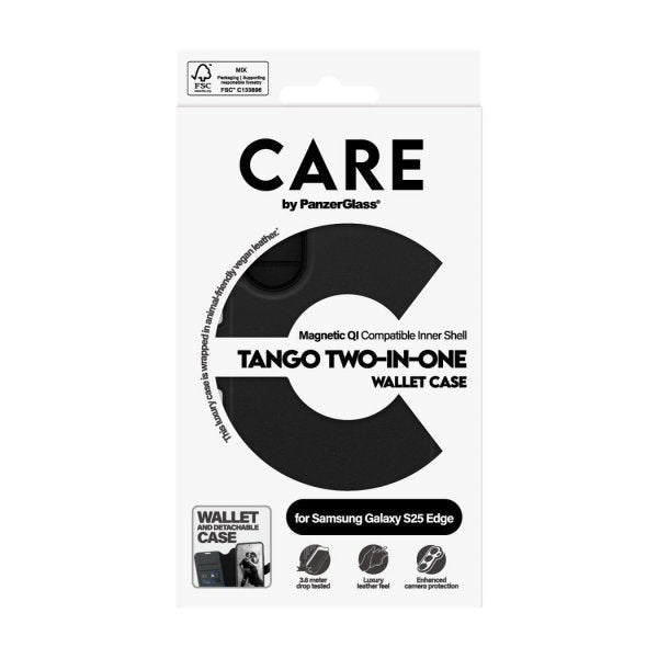 CARE by PanzerGlass Samsung Galaxy S25 Edge -kotelo Tango Two-in-One Wallet MagSafe Musta