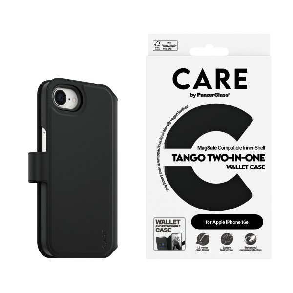 CARE by PanzerGlass iPhone 16e/17e -kotelo Tango Two-in-One Wallet MagSafe Musta
