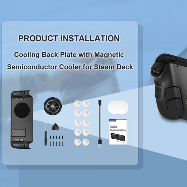 Devaso Steam Deck -kuori jalustalla ja magneettisella tuulettimella, läpinäkyvä harmaa