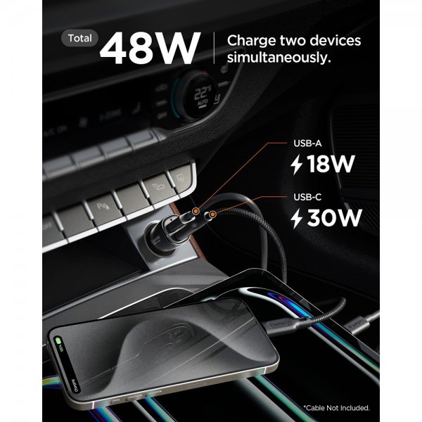 Spigen Essential Autolaturi 48W 1xUSB-C 1xUSB-A Musta