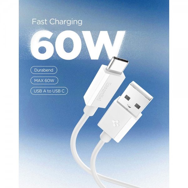 Spigen Essential USB-A–USB-C 60W 2m johto, valkoinen