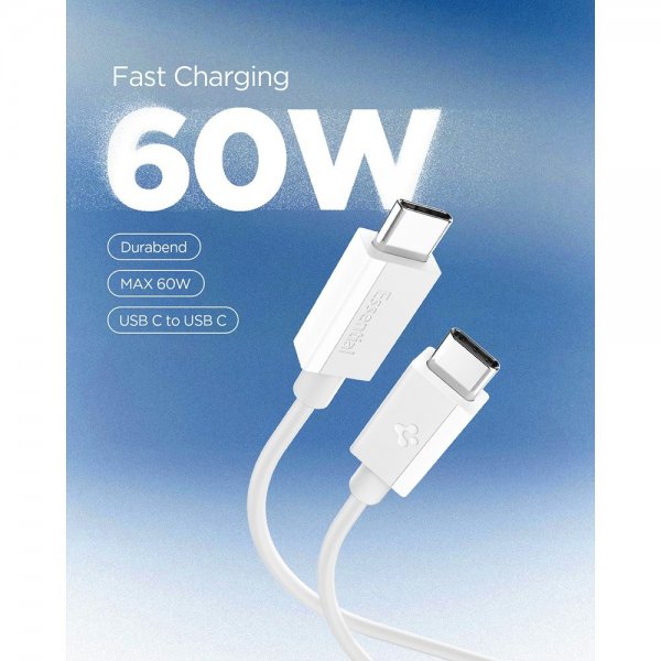 Spigen Essential USB-C–USB-C 60W 2m -kaapeli, valkoinen