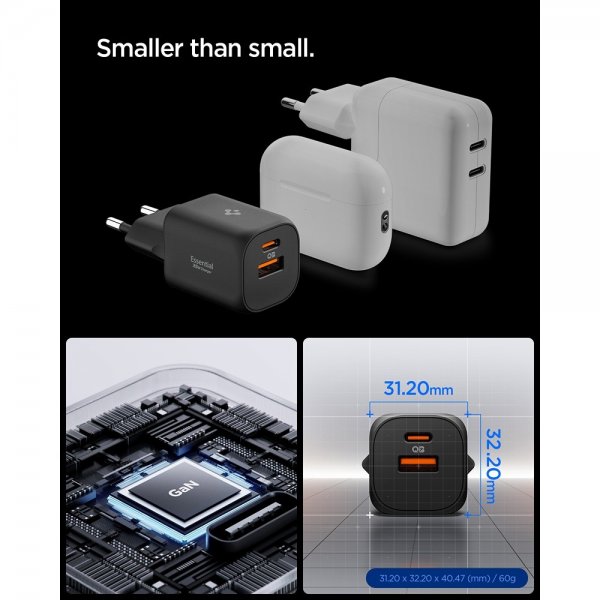 Spigen Essential -laturi 35W 1xUSB-C 1xUSB-A musta