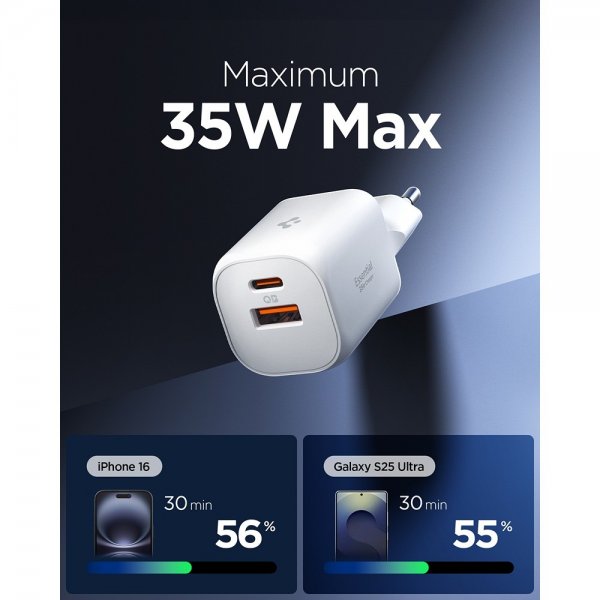 Spigen Essential -laturi, 35 W, 1xUSB-C, 1xUSB-A, valkoinen