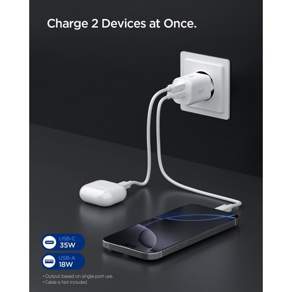 Spigen Essential -laturi, 35 W, 1xUSB-C, 1xUSB-A, valkoinen