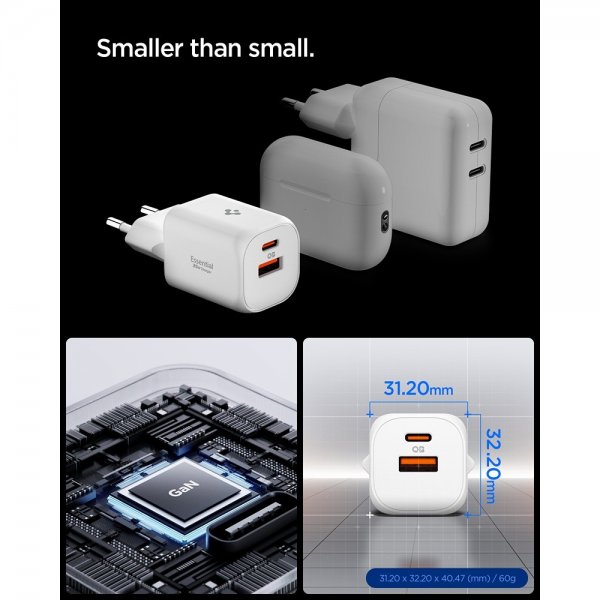 Spigen Essential -laturi, 35 W, 1xUSB-C, 1xUSB-A, valkoinen