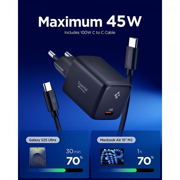 Spigen Essential -laturi 45W USB-C Musta