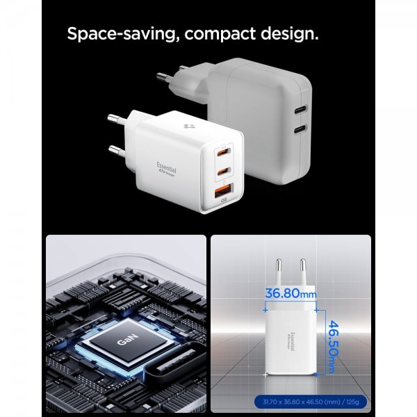 Spigen Essential-laturi 47W 2xUSB-C 1xUSB-A Valkoinen