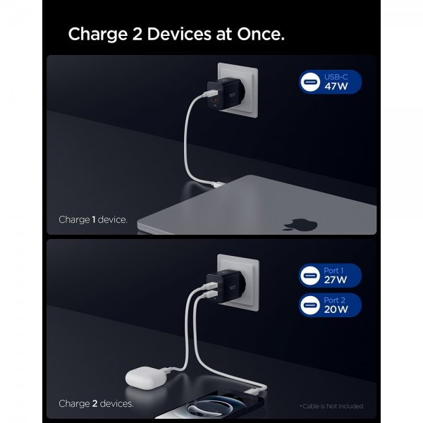 Spigen Essential -laturi 47W 2xUSB-C, musta
