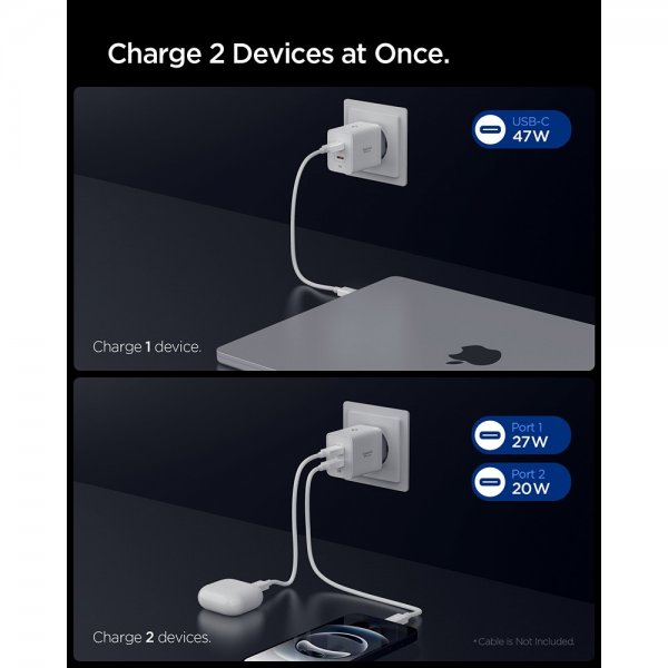Spigen Essential -laturi 47W 2xUSB-C Valkoinen