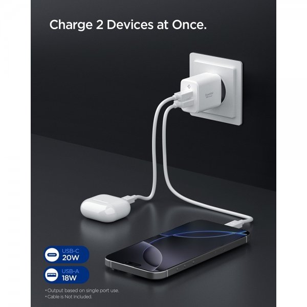 Spigen Essential laturi USB-C/USB-A 20W Valkoinen