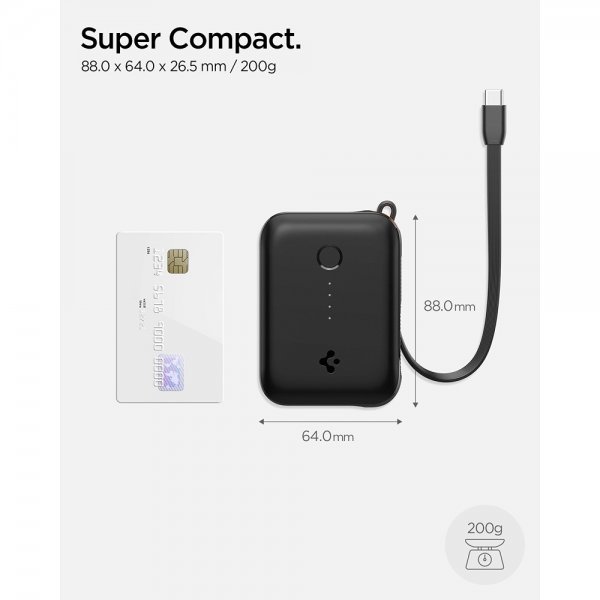 Spigen Essential Powerbank sisäänrakennetulla kaapelilla 10 000 mAh 30W Musta