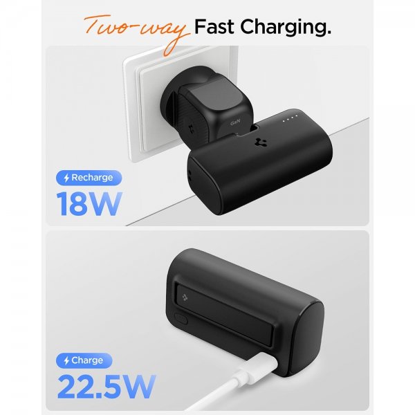Spigen Essential Power Bank jalustalla 5000 mAh 22.5W Musta