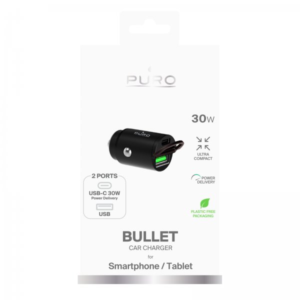 Puro Autolaturi Bullet 30W USB-C/USB-A Musta