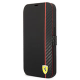 Ferrari iPhone 14 Pro -suojakuori, hiilikuitujäljitelmä, metallilogo, musta