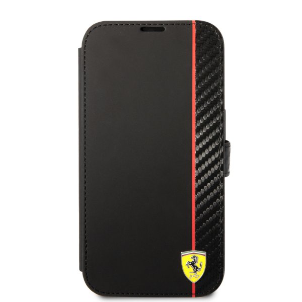 Ferrari iPhone 14 Pro -suojakuori, hiilikuitujäljitelmä, metallilogo, musta