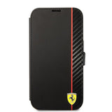 Ferrari iPhone 14 Pro -suojakuori, hiilikuitujäljitelmä, metallilogo, musta